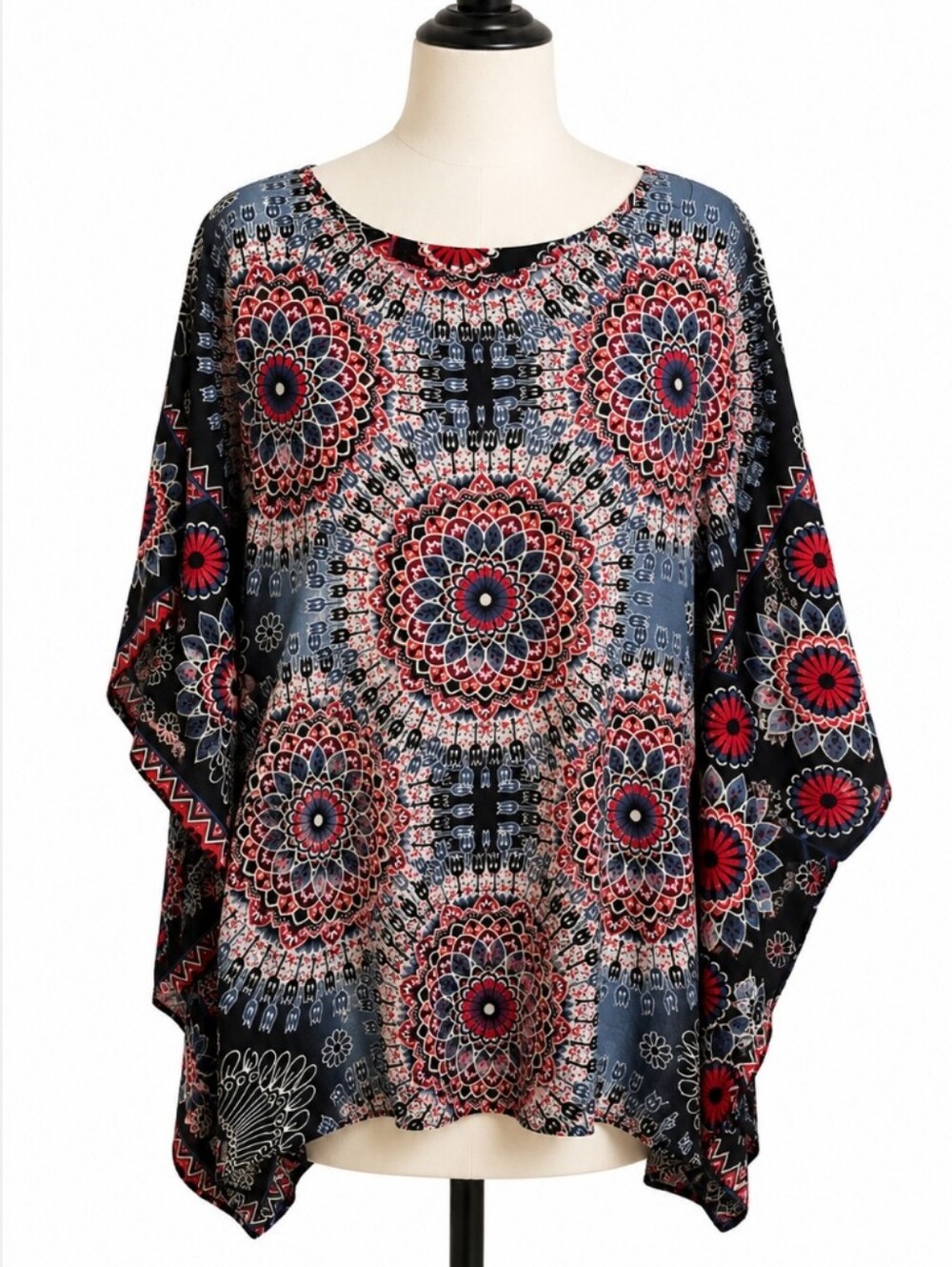 Boho Mandala Print 1X To 2X Kimono Sleeve Blouse Top Bohemian